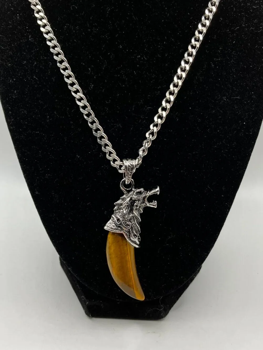 Tiger Eye Gemstone Tusk AND Men's Chunky 20 inch Stainless Steel Chain